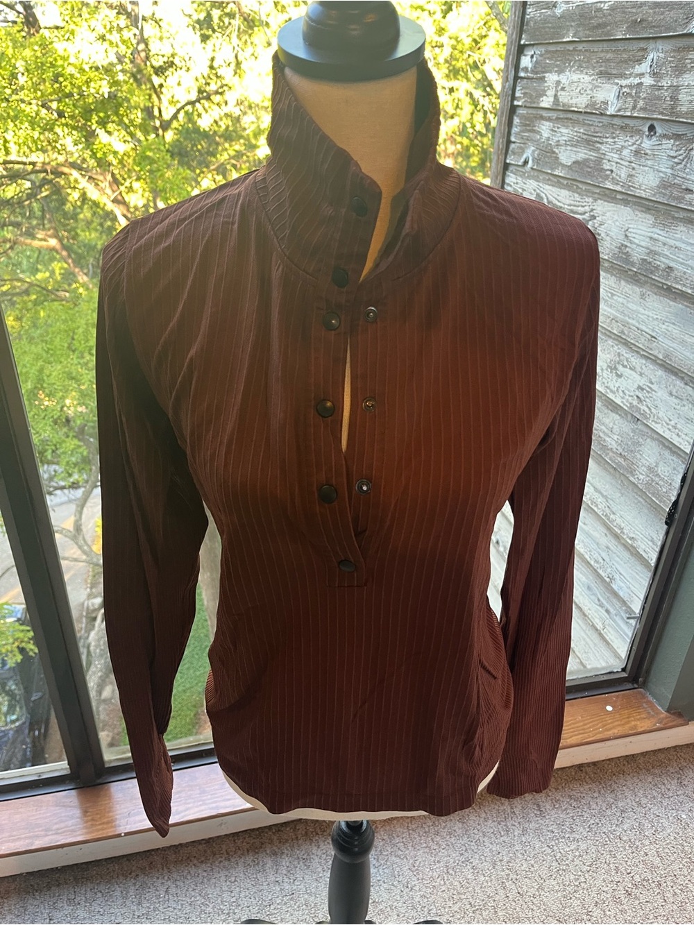 Athleta Brown Pinstripe Stand-Collar Button Pullover Jacket